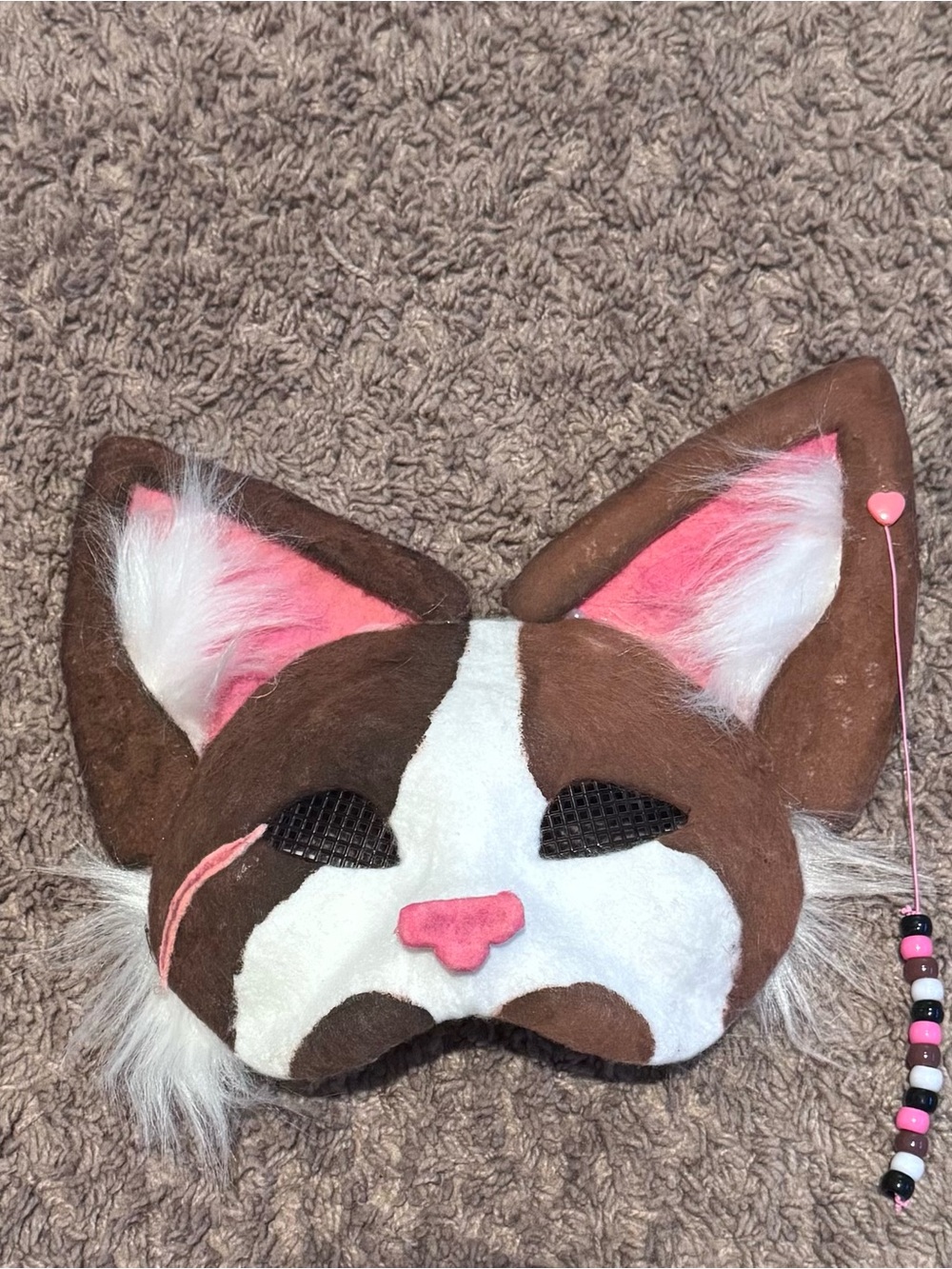 Faux Fur Brown & White Cat Mask with Pink Accents